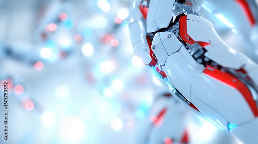 Naklejka premium Robotic arm detail, futuristic factory, background blur, tech innovation