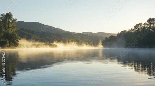 Serene sunrise over calm lake with mist.