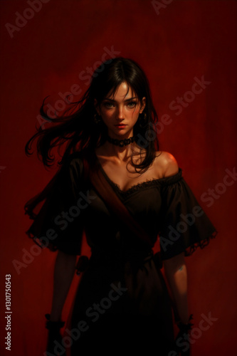 a girl wearing a black off-the-shoulder dress with flared sleeves, standing against a dark red background. The lighting highlights the person's shoulders and upper arms, creating a