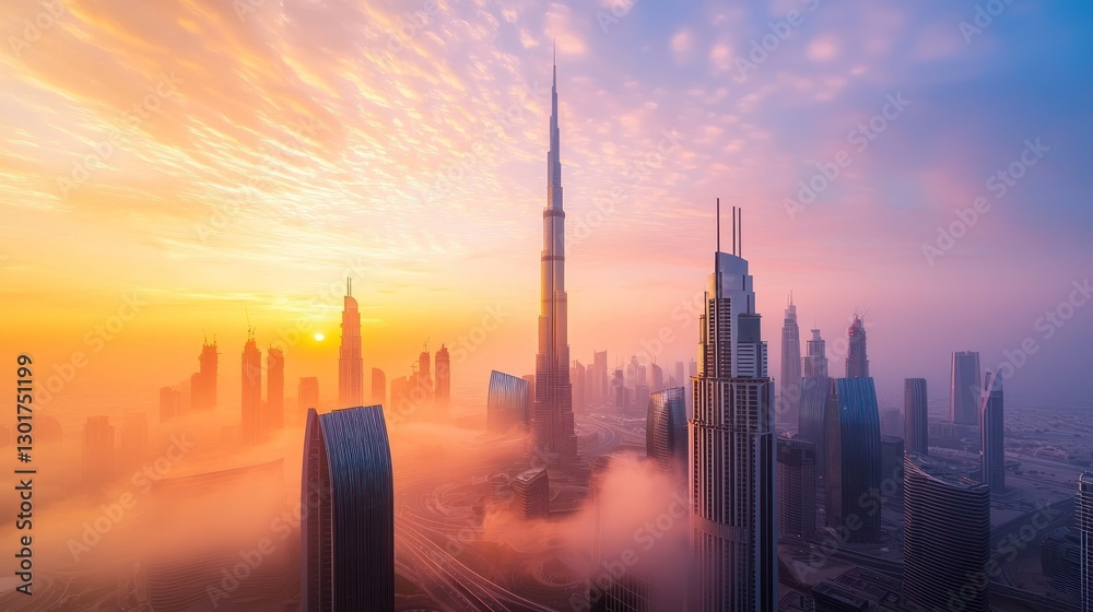 Sunrise over Dubai skyline with fog. Sunrise over Dubai skyline with fog.