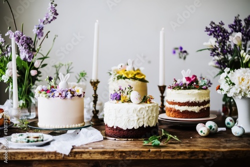 Colorful floral-themed cakes with candles and easter eggs on rustic wooden table photo