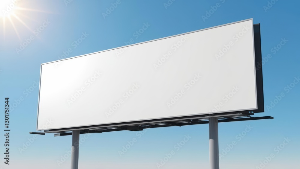 Fototapeta premium An expansive, empty billboard stands tall against a vibrant blue sky, bathed in sunlight, offering ample space for messaging.