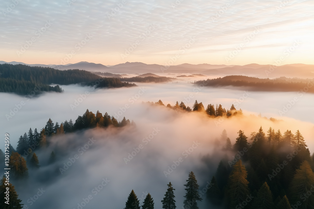 Fototapeta premium A high-resolution aerial view of rolling hills covered in early morning fog