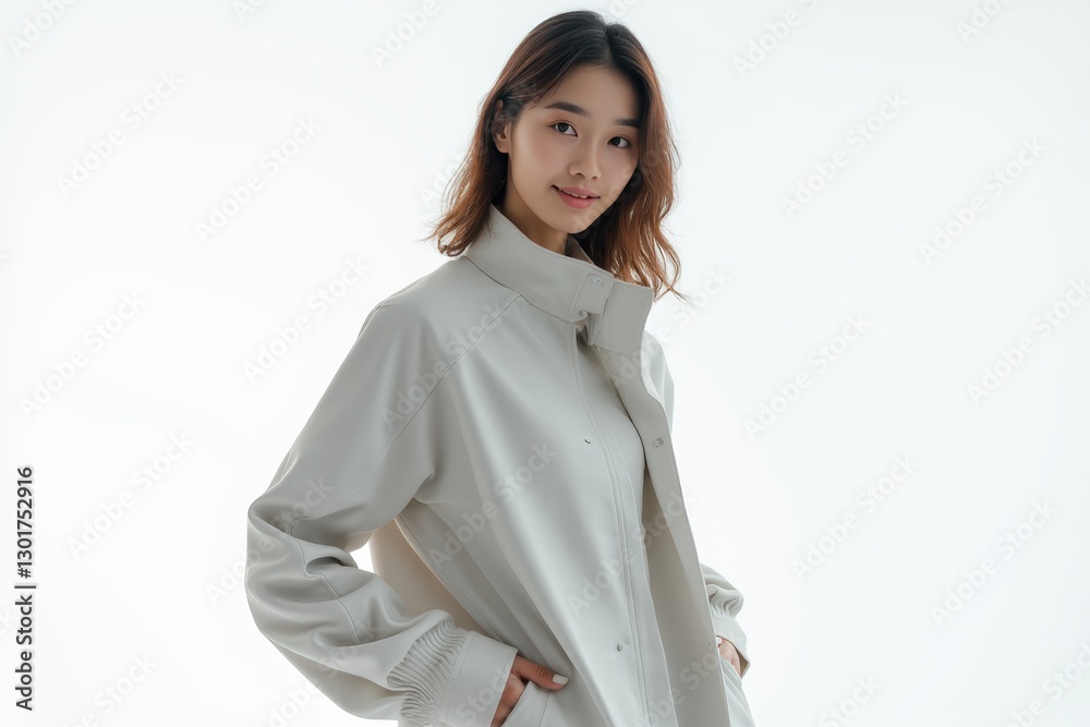 Half-Length (Waist-Up) portrait of young stylish smiling Chinese female model in futuristic wear isolated on pure white background looking at camera Half-Length (Waist-Up) portrait of young stylish smiling Chinese female model in futuristic wear isolated on pure white background looking at camera