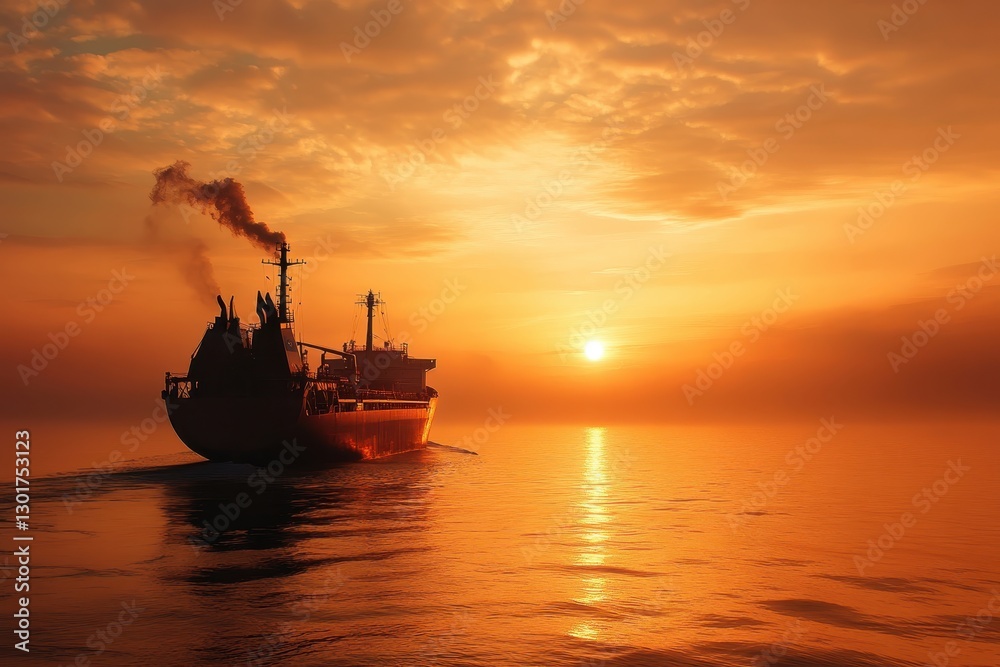 Obraz premium Large cargo ship sailing on calm ocean at sunset with orange sky