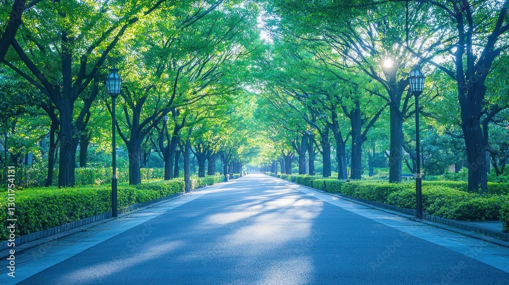 Sunlit tree-lined road, green leaves, morning light. Sunlit tree-lined road, green leaves, morning light.