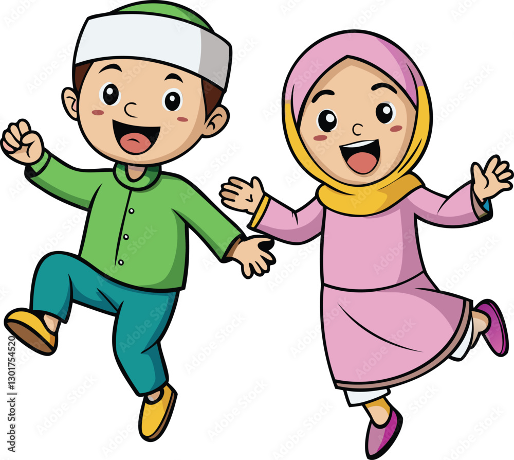 cute girl and boy moslem jump happy face cute girl and boy moslem jump happy face