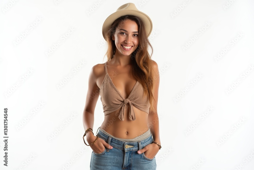 Half-Length (Waist-Up) portrait of young stylish smiling Colombian female model in hippie wear isolated on pure white background looking at camera Half-Length (Waist-Up) portrait of young stylish smiling Colombian female model in hippie wear isolated on pure white background looking at camera