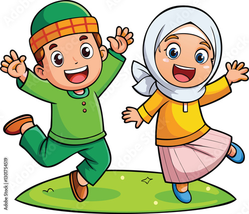 cute girl and boy moslem jump happy face