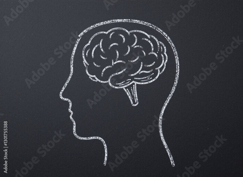Chalk drawing of a human head with a brain inside on a blackboard.