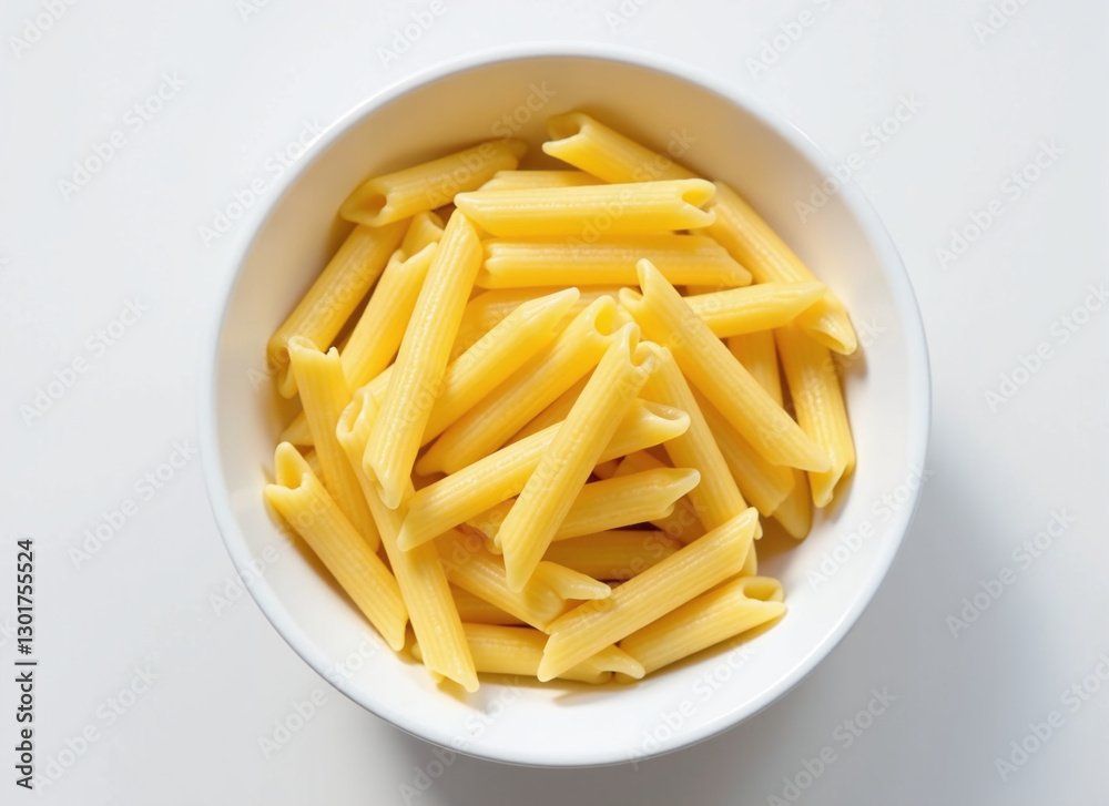 A white bowl filled with cooked penne pasta on a white background. A white bowl filled with cooked penne pasta on a white background.