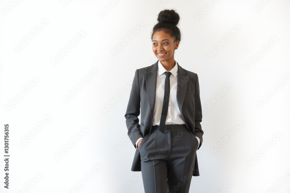 Half-Length (Waist-Up) portrait of young stylish smiling Comorian female model in formal wear isolated on pure white background looking at camera Half-Length (Waist-Up) portrait of young stylish smiling Comorian female model in formal wear isolated on pure white background looking at camera