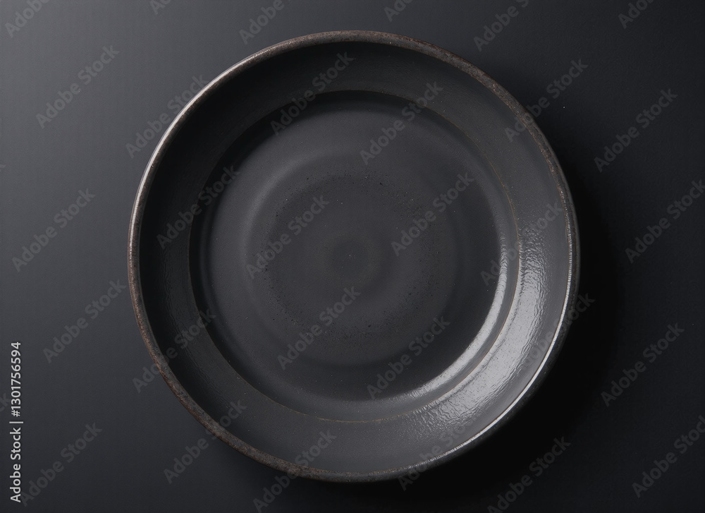 Overhead studio shot of a dark grey empty ceramic plate on a dark grey background. Overhead studio shot of a dark grey empty ceramic plate on a dark grey background.