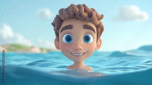 Cartoon boy swimming in ocean, happy expression