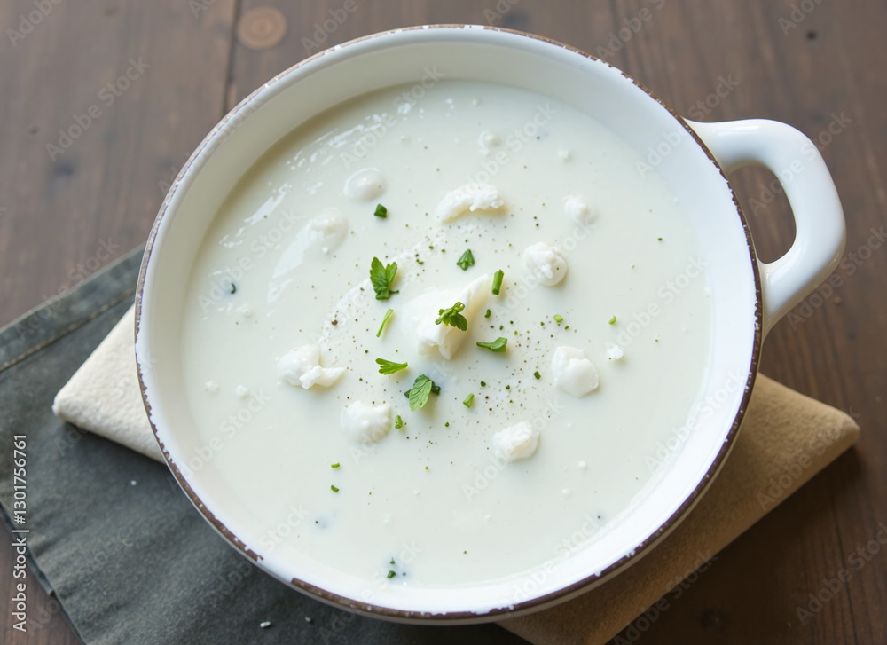 Overhead shot of a creamy white soup with goat cheese and herbs in a white bowl. Overhead shot of a creamy white soup with goat cheese and herbs in a white bowl.