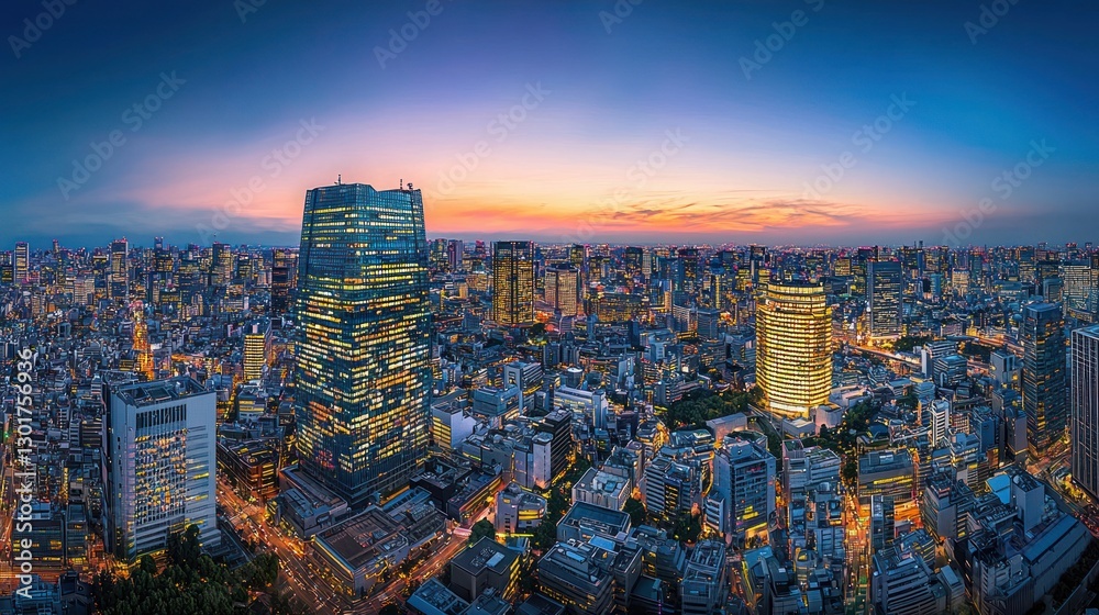 Obraz premium Panoramic sunset view of a vibrant city skyline with illuminated buildings and streets.
