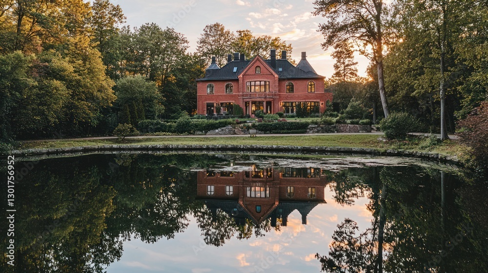 Obraz premium Brick mansion reflected in tranquil pond at sunset.