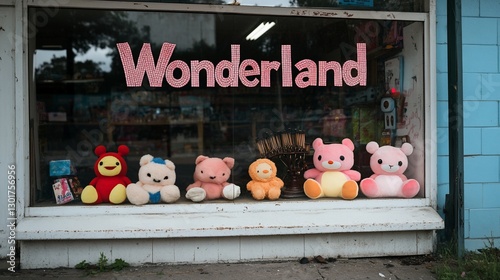 Stuffed animals displayed in Wonderland shop window photo