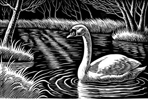 swan in lake black and white hand drawn sketch