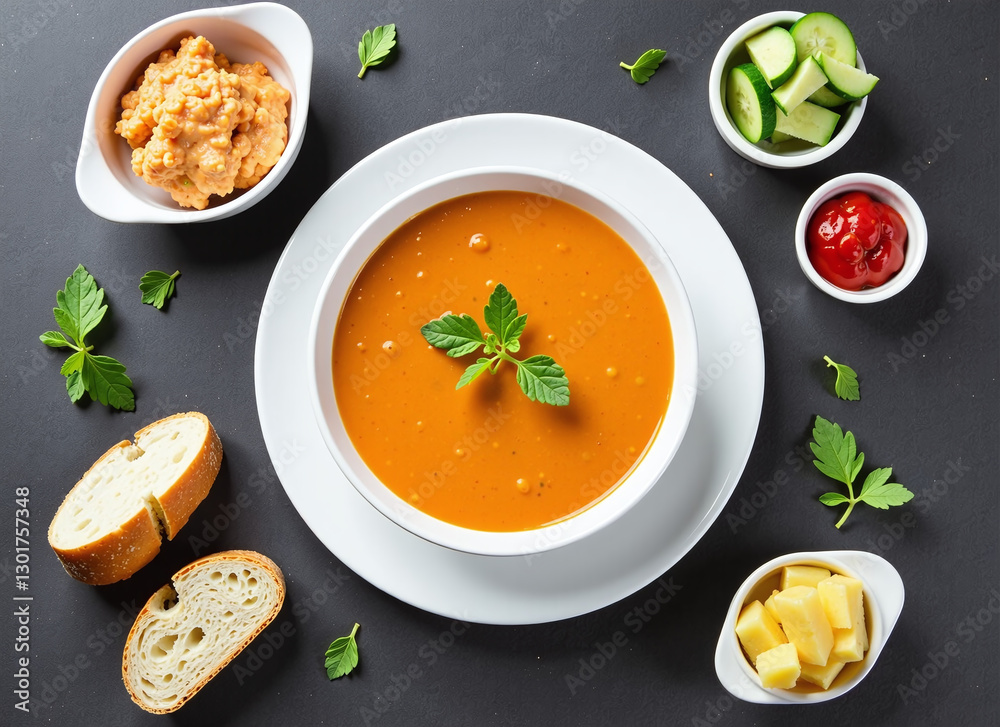 Overhead shot of a delicious tomato soup with bread, cucumber, ketchup, and cheese. Overhead shot of a delicious tomato soup with bread, cucumber, ketchup, and cheese.