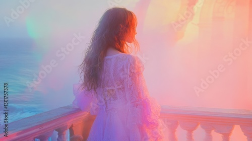 Ethereal Woman in White Dress Gazing at Dreamy Sunset Seascape