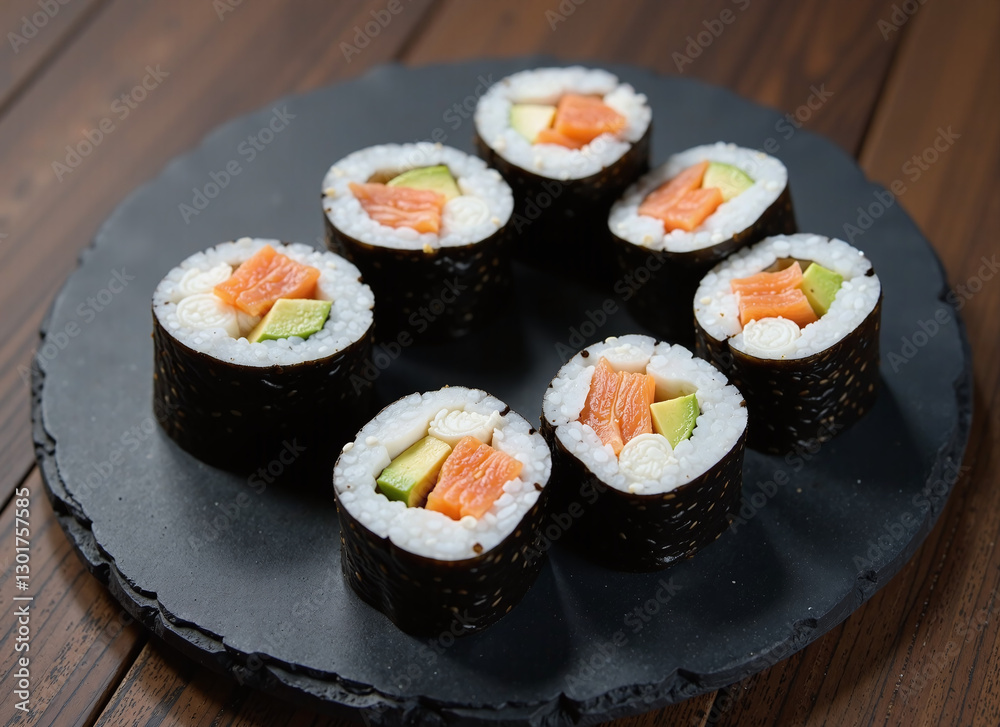 Closeup of seven pieces of sushi rolls with salmon, avocado and white onion on a dark slate plate. Closeup of seven pieces of sushi rolls with salmon, avocado and white onion on a dark slate plate.