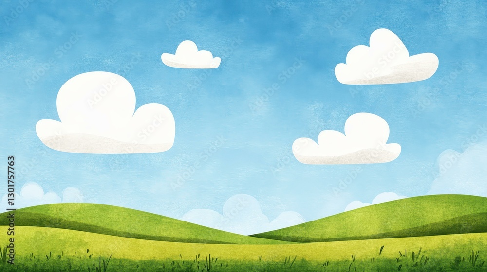 Fototapeta premium Vibrant watercolor landscape featuring a blue sky, white clouds, and a lush green field, perfect for any project.