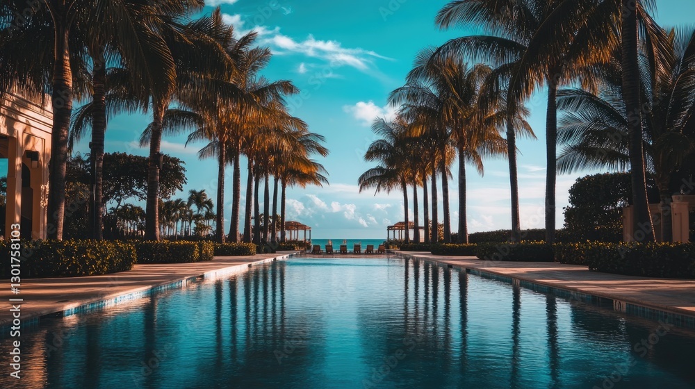 Fototapeta premium A grand symmetrical hotel pool leading to a majestic resort entrance, lined with palm trees.