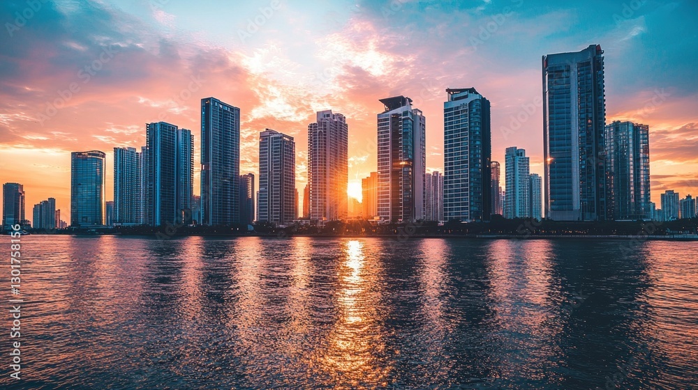 Fototapeta premium Vibrant sunset cityscape reflected in calm water. (1)