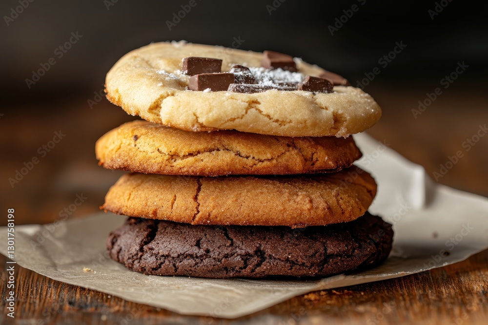 Freshly baked cookies stacked on baking paper, ready to be enjoyed Freshly baked cookies stacked on baking paper, ready to be enjoyed