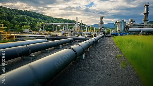 Industrial landscape with pipelines and processing units under a cloudy sky.