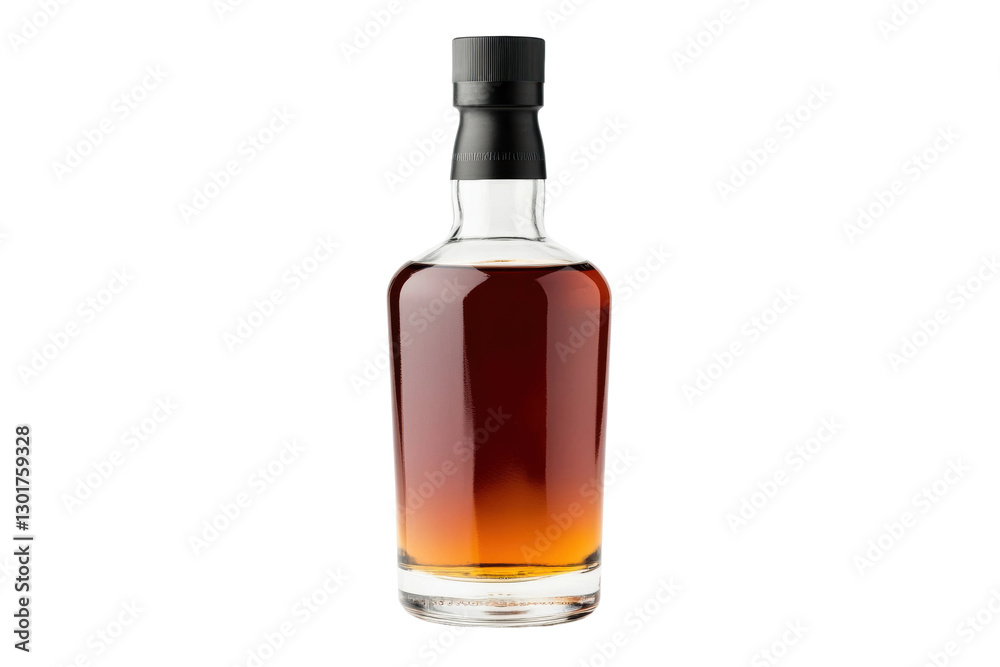 Elegant glass bottle of amber liquor on display, cut out Elegant glass bottle of amber liquor on display, cut out