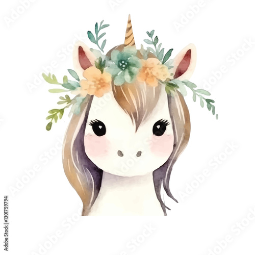 watercolors Cute unicorn standing illustration 