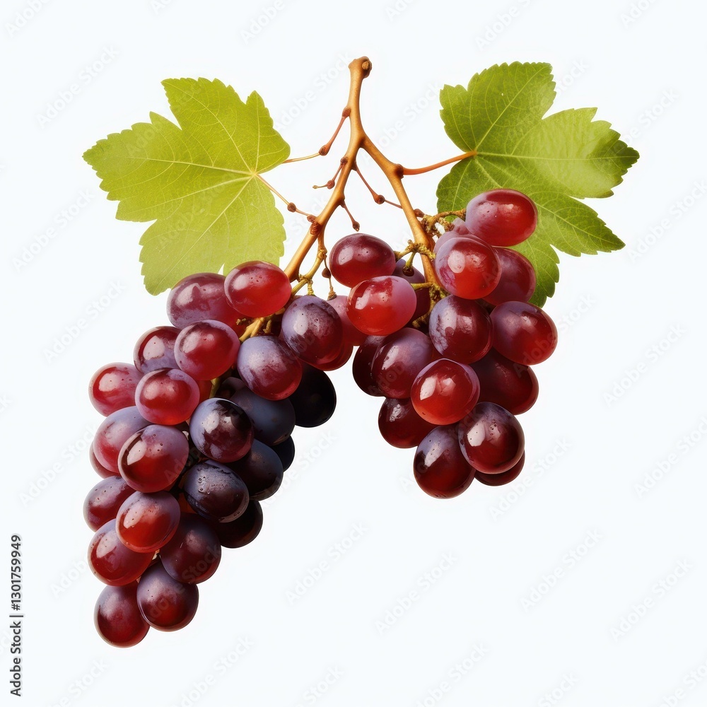 Fototapeta premium A vibrant dicut image of ripe grapes, showcasing plump berries and lush green stems against a clean white backdrop.