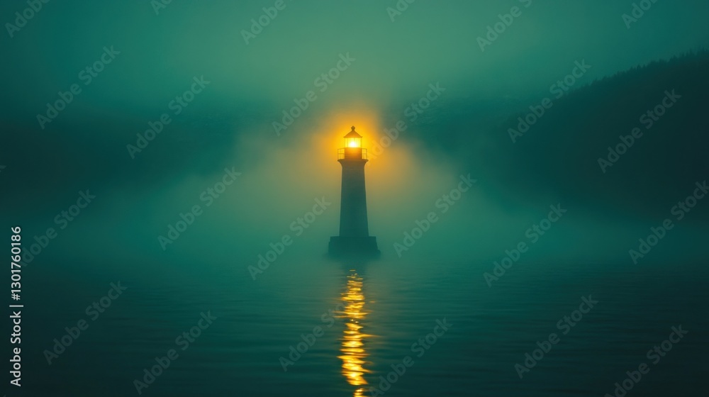 Foggy coast lighthouse beacon shines, hope, mystery Foggy coast lighthouse beacon shines, hope, mystery
