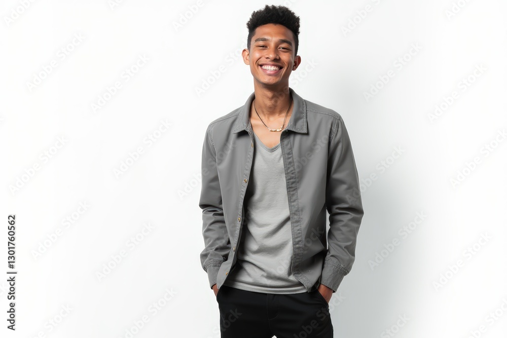 Half-Length (Waist-Up) portrait of young stylish smiling Costa Rican male model in cyberpunk wear isolated on pure white background looking at camera Half-Length (Waist-Up) portrait of young stylish smiling Costa Rican male model in cyberpunk wear isolated on pure white background looking at camera