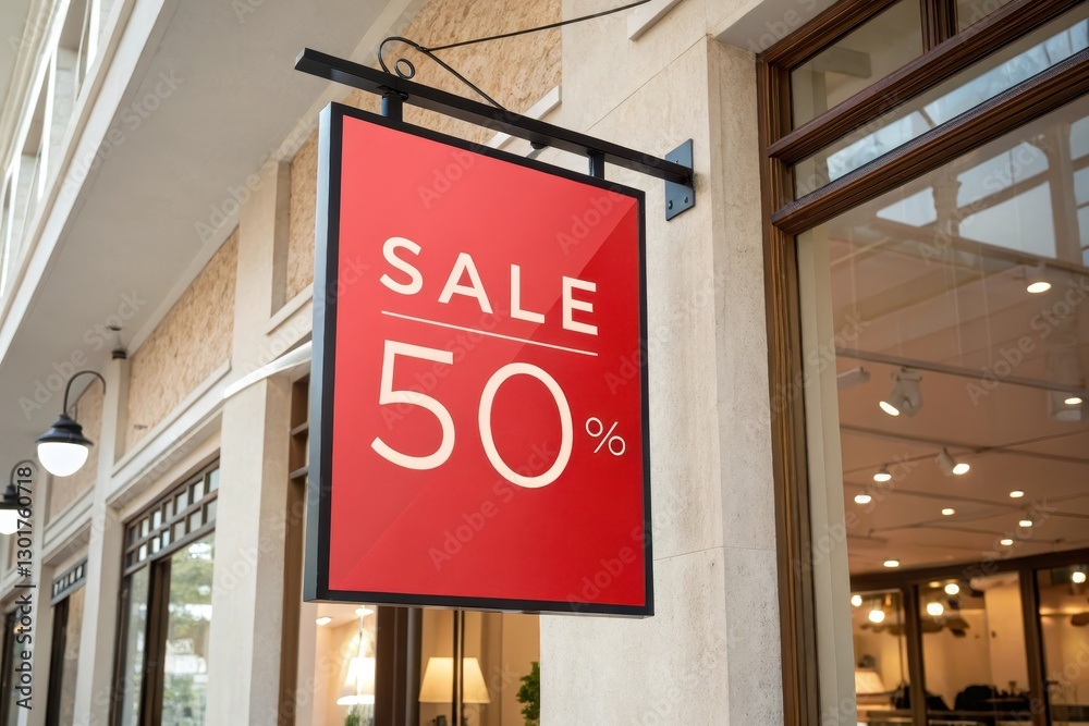 Obraz premium Exciting opportunity for shoppers as a vibrant sale sign displays a remarkable 50 percent discount outside a chic boutique. Generative AI