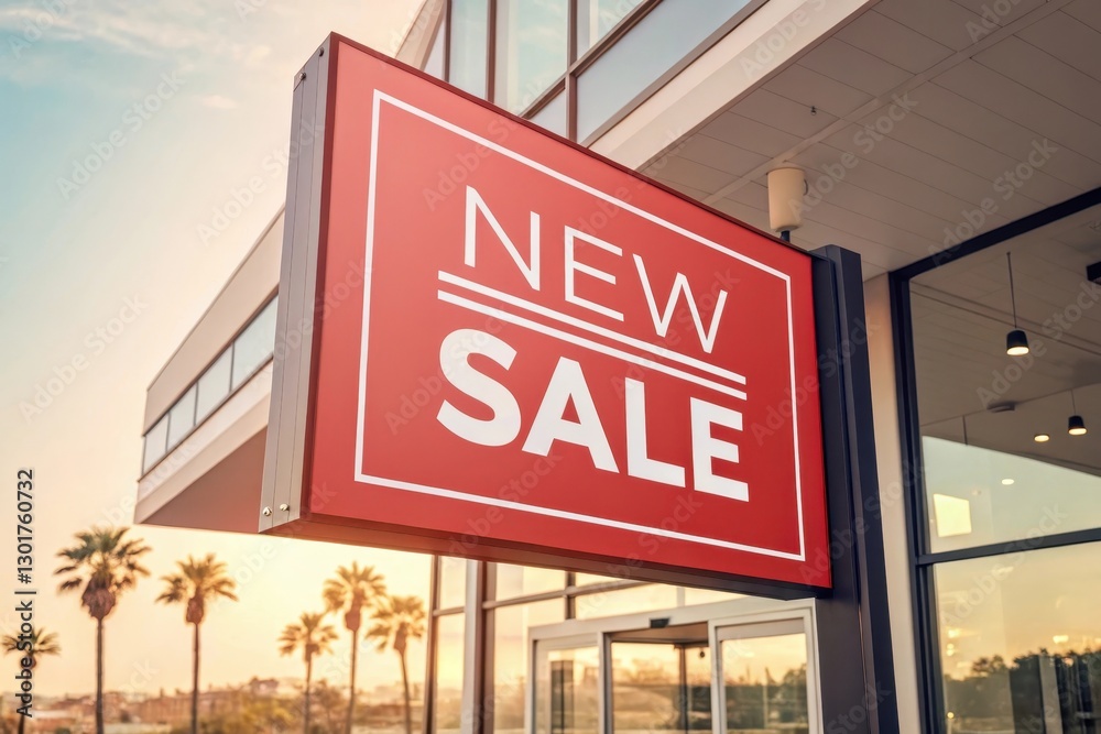 Naklejka premium Bright new sale sign welcomes shoppers at sunset outside a modern retail store with palm trees in the background. Generative AI