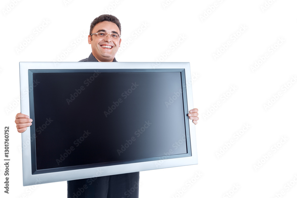 Professional man holding large blank screen display monitor or tv template for advertising, presentation or digital content mockup Professional man holding large blank screen display monitor or tv template for advertising, presentation or digital content mockup