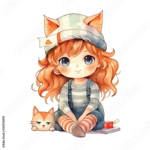 watercolors Cute cat girl sitting illustration 