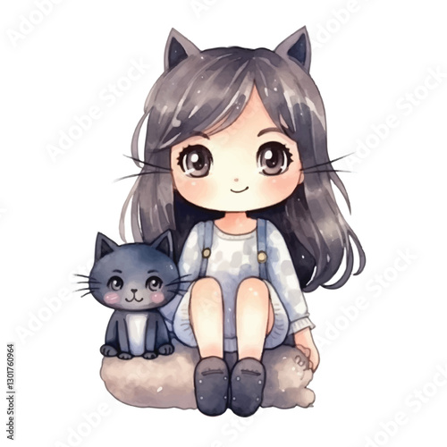 watercolors Cute cat girl sitting illustration 