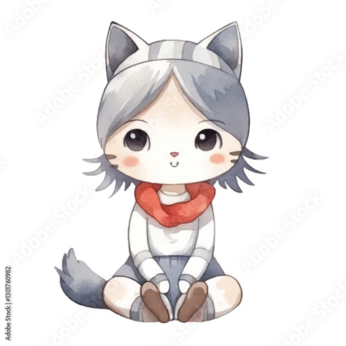 watercolors Cute cat girl sitting illustration 