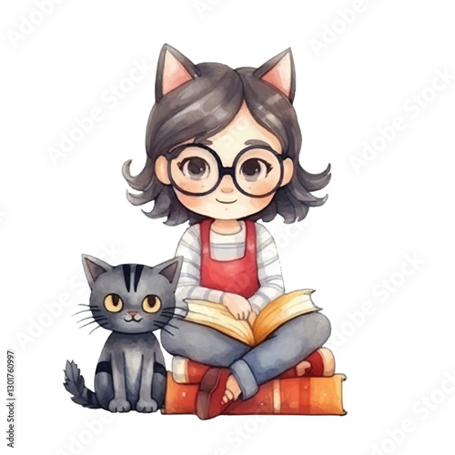 watercolors Cute cat girl sitting illustration 