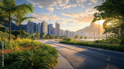 Scenic coastal road winding through lush tropical park, modern cityscape & mountain at sunset.