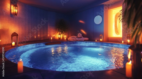 A luxurious spa pool with bubbling jacuzzi jets  surrounded by candlelit lanterns and a peaceful ambiance.