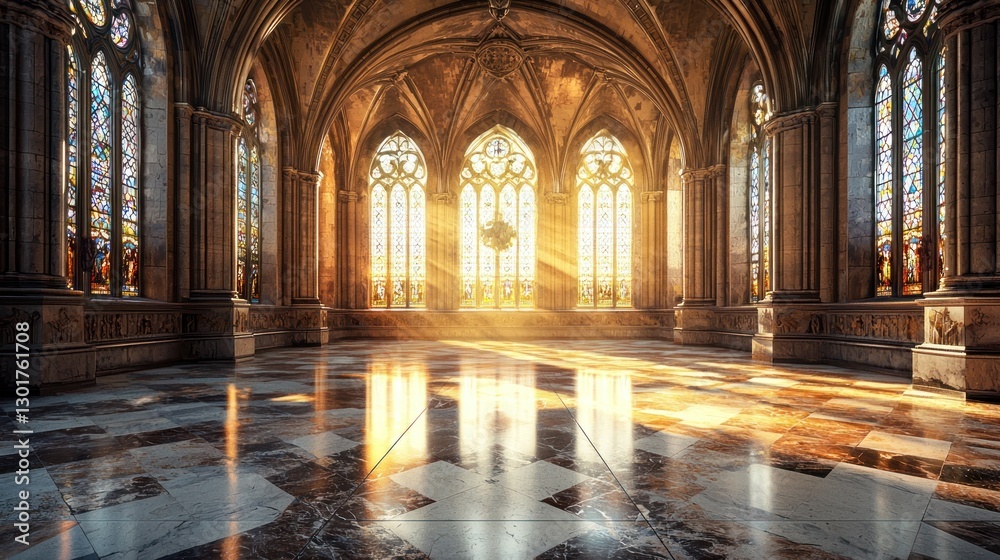 Fototapeta premium Sunlit Gothic Cathedral Interior.