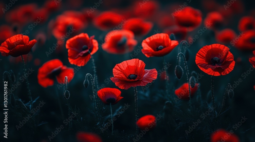 Obraz premium A vivid closeup of red poppy flowers, symbolizing honor and memory against a dark backdrop for solemn remembrance events.