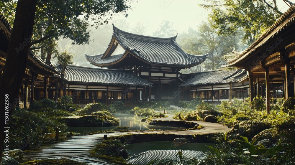 Serene Japanese temple garden with misty morning.