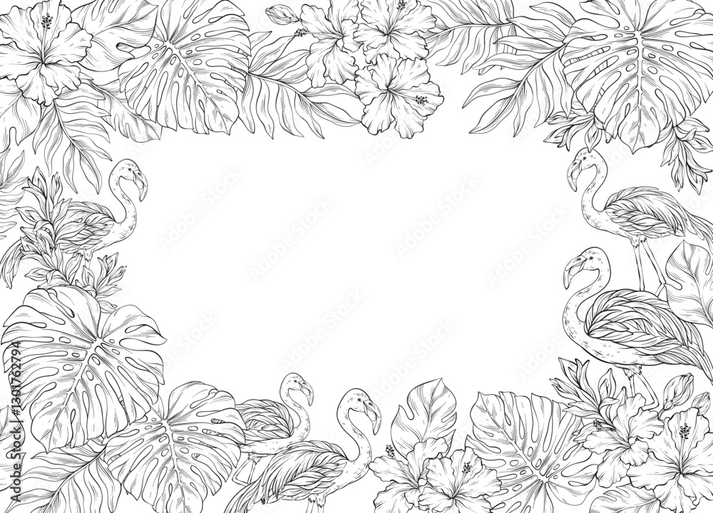 Line art square frame adorned with pink flamingo and tropical palm leaves and flowers on white background. Abstract summer vector illustration Line art square frame adorned with pink flamingo and tropical palm leaves and flowers on white background. Abstract summer vector illustration
