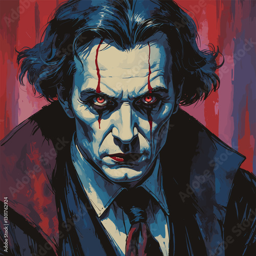 Portrait of a vampire with red accents on the face and red backdrop